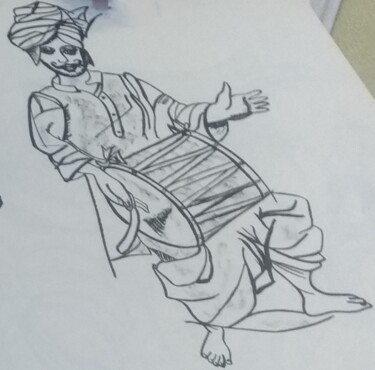 Drawing titled "Drummer" by Krishna Art Gallery, Original Artwork, Ink