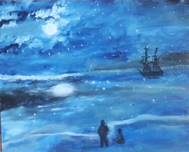 Картина под названием "Moonlight seascape" - Krishna Art Gallery, Подлинное произведение искусства, Масло