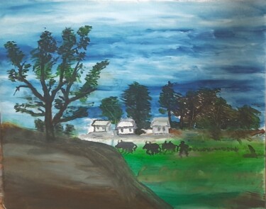 Painting titled "Landscape of village" by Krishna Art Gallery, Original Artwork, Oil