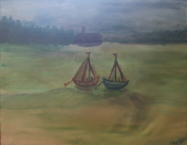 Painting titled "Boats near the land" by Krishna Art Gallery, Original Artwork, Oil
