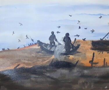 Painting titled "Fishermen in boat" by Krishna Art Gallery, Original Artwork, Oil