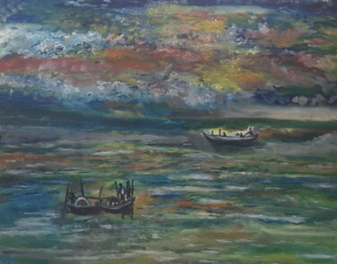 Pintura intitulada "Sea and sky meets" por Krishna Art Gallery, Obras de arte originais, Óleo