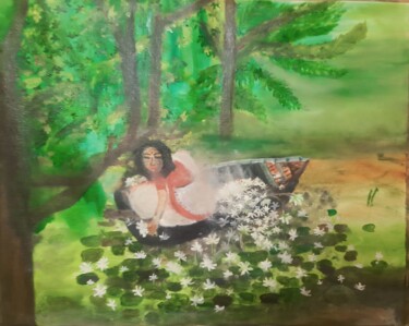 Painting titled "Plucking white lotu…" by Krishna Art Gallery, Original Artwork, Oil