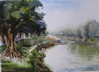 Painting titled "River side tree sca…" by Krishna Mondal, Original Artwork, Watercolor