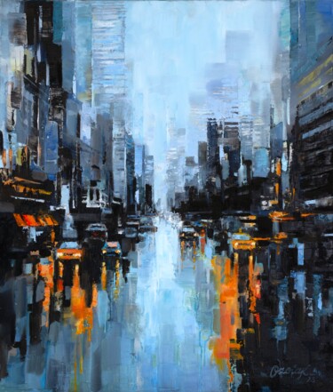 Картина под названием "Wet city elegance" - Krista Ozola, Подлинное произведение искусства, Масло Установлен на Деревянная р…