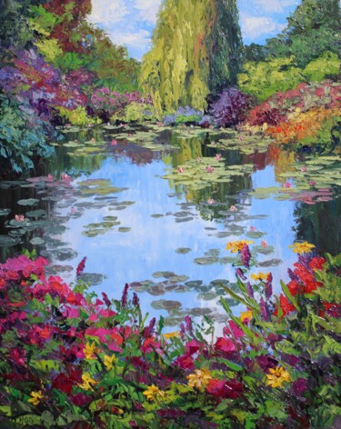 Painting titled "Giverny Gardens" by Kristen Olson Stone, Original Artwork, Oil Mounted on Wood Stretcher frame