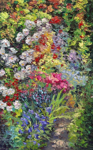 Картина под названием "Backyard Garden" - Kristen Olson Stone, Подлинное произведение искусства, Масло Установлен на Деревян…