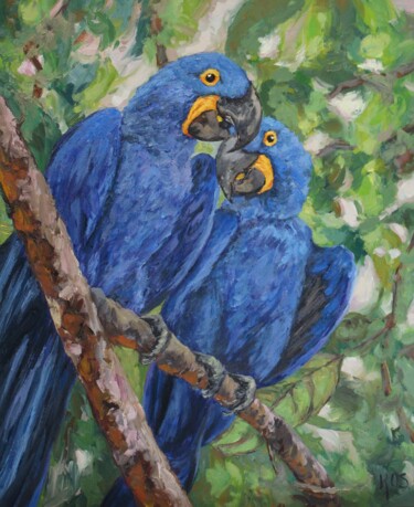 Painting titled "Hyacinth Macaws" by Kristen Olson Stone, Original Artwork, Oil Mounted on Wood Panel