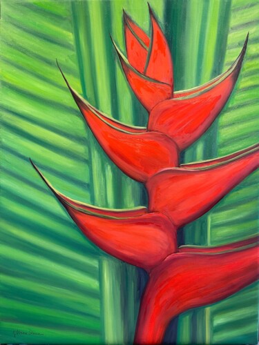 Painting titled "Red Heliconia Flower" by Kristen Olson Stone, Original Artwork, Oil