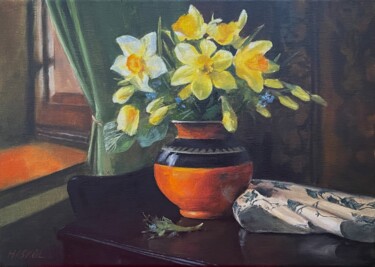 Painting titled "Daffodil" by Kristi Haskol, Original Artwork, Oil Mounted on Wood Stretcher frame