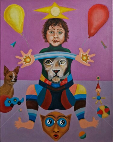 Painting titled "A boy in toy town" by Kristiana Proykova, Original Artwork, Oil