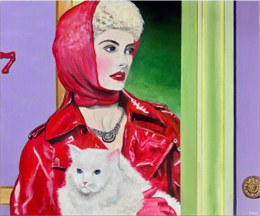Malerei mit dem Titel "The Cat Lady" von Kristin Voss, Original-Kunstwerk, Acryl