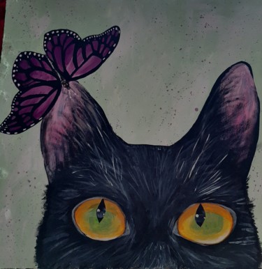 Painting titled ""Cat and butterfly "" by Kristina Sumkina, Original Artwork, Acrylic