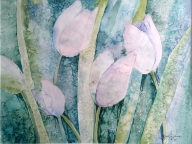 Painting titled "Tulipes blanches" by Kristina Guelazonia, Original Artwork, Watercolor