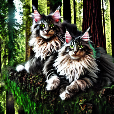 Arts numériques intitulée "Maine Coon Cats in…" par Kristina Ivanova, Œuvre d'art originale, Image générée par l'IA