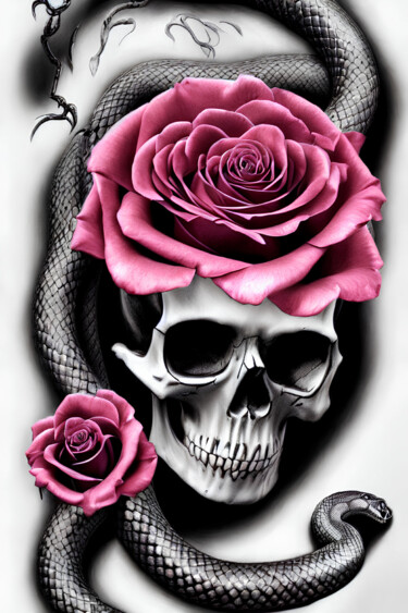 Digital Arts titled "Skull with roses an…" by Kristina Ivanova, Original Artwork, Digital Painting