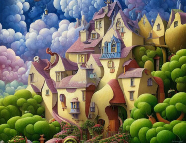 Digital Arts titled "Dreamy Fantasy Vill…" by Kristina Ivanova, Original Artwork, Digital Painting