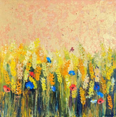 Painting titled "Wheat field" by Kristina Kolesnikova, Original Artwork, Oil Mounted on Wood Stretcher frame