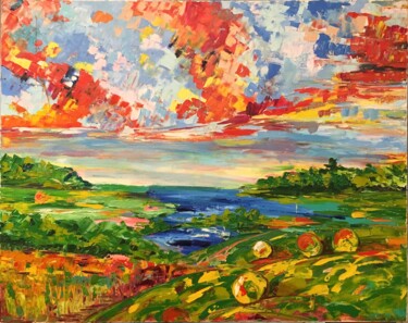 Painting titled "Sunny landscape" by Kristina Kolesnikova, Original Artwork, Oil Mounted on Wood Stretcher frame