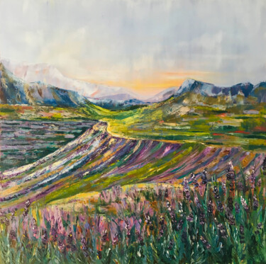Pittura intitolato "Lavender landscape" da Kristina Kolesnikova, Opera d'arte originale, Olio Montato su Telaio per barella…