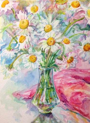 Painting titled "CHAMOMILE" by Kristina Kristiana, Original Artwork, Watercolor