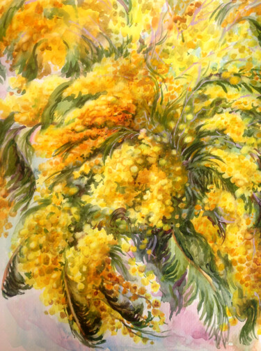 Peinture intitulée "GOLDEN MIMOSA" par Kristina Kristiana, Œuvre d'art originale, Aquarelle