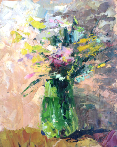 Painting titled "FLOWERS IN A GREEN…" by Kristina Kristiana, Original Artwork, Oil