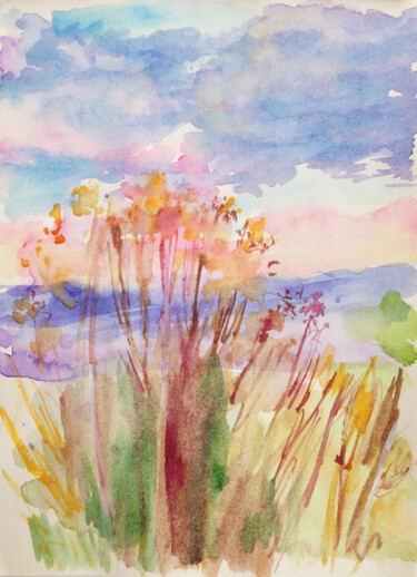 Painting titled "SOFT PINK LANDSCAPE" by Kristina Kristiana, Original Artwork, Watercolor