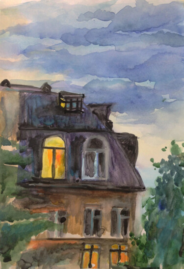 Pintura intitulada "IN THE EVENING" por Kristina Kristiana, Obras de arte originais, Aquarela