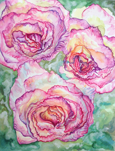 Картина под названием "THREE ROSES" - Kristina Kristiana, Подлинное произведение искусства, Акварель