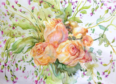 Painting titled "BOUQUET WITH ROSES" by Kristina Kristiana, Original Artwork, Watercolor