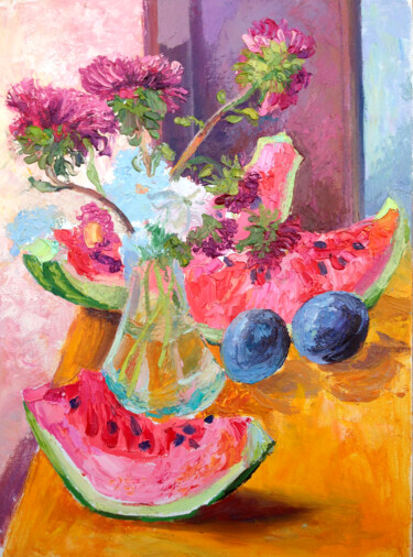 Painting titled "still life with wat…" by Kristina Kristiana, Original Artwork, Oil