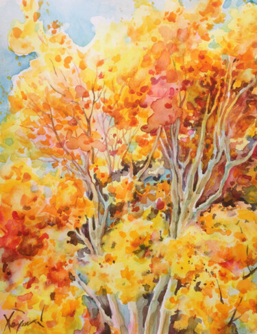 Painting titled "GOLD AUTUMN" by Kristina Kristiana, Original Artwork, Watercolor