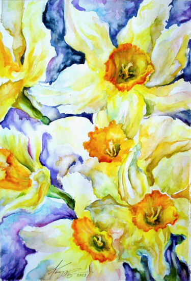 Painting titled "DAFFODIL" by Kristina Kristiana, Original Artwork, Watercolor