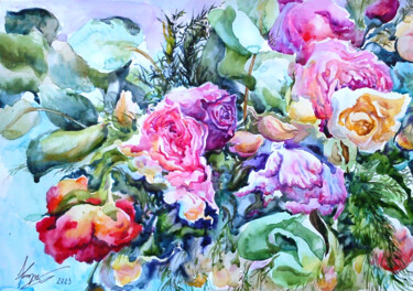 Картина под названием "BOUQUET WITH ROSES." - Kristina Kristiana, Подлинное произведение искусства, Акварель