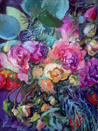 Pintura intitulada "BOUQUET WITH ROSES.." por Kristina Kristiana, Obras de arte originais, Óleo