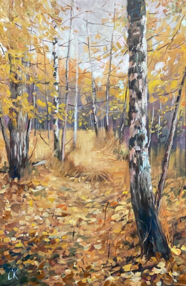 Painting titled "Birch trees in autu…" by Kristina Savinova, Original Artwork, Oil