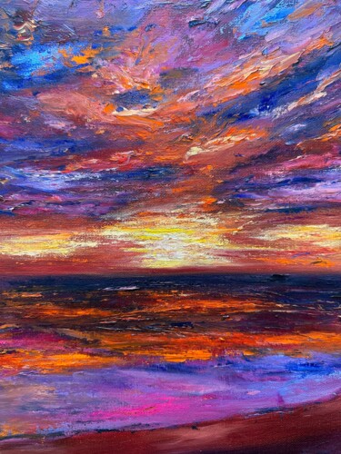 Painting titled "The sea is on fire" by Kristina Sergeeva, Original Artwork, Oil Mounted on Wood Stretcher frame
