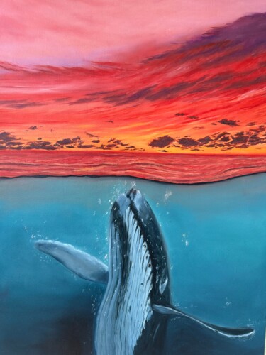 Painting titled "Curious whale" by Kristina Sergeeva, Original Artwork, Oil