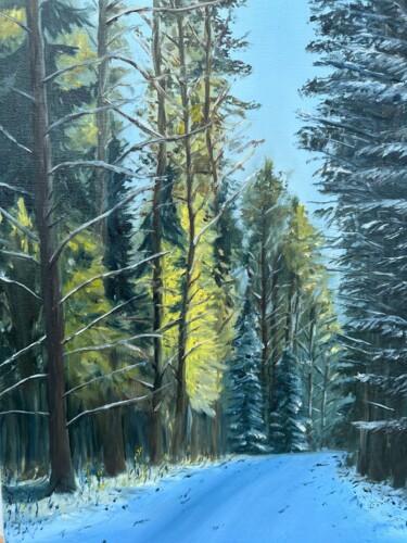 Painting titled "Winter forest" by Kristina Sergeeva, Original Artwork, Oil Mounted on Wood Stretcher frame