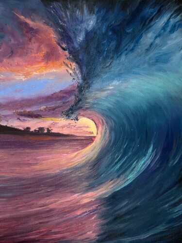 Painting titled "Big wave" by Kristina Sergeeva, Original Artwork, Oil Mounted on Wood Stretcher frame