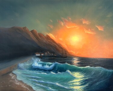 Painting titled "Orange sunrise" by Kristina Sergeeva, Original Artwork, Oil Mounted on Wood Stretcher frame