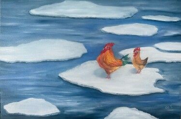 Painting titled "Chickens" by Kristina Sergeeva, Original Artwork, Oil Mounted on Wood Stretcher frame