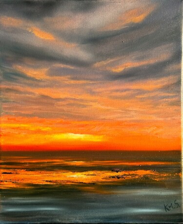 Painting titled "Sunset flame" by Kristina Sergeeva, Original Artwork, Oil Mounted on Wood Stretcher frame