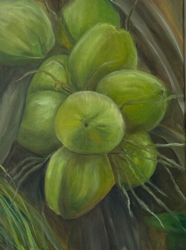 Painting titled "Thai coconuts" by Kristina Sergeeva, Original Artwork, Oil Mounted on Wood Stretcher frame