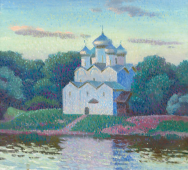 Pittura intitolato "Новгородский храм.…" da Kristina Korobeynikova, Opera d'arte originale, Olio Montato su Cartone