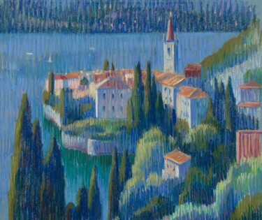 Painting titled "Varenna. Lake Como" by Kristina Korobeynikova, Original Artwork, Pastel Mounted on Cardboard