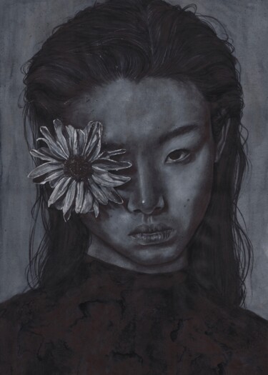Картина под названием "Girl with a Flower" - Kristina Maslakova, Подлинное произведение искусства, Акварель