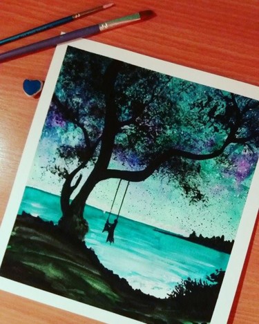 Painting titled "Dreaming on a swing" by Kristýn Roubalová, Original Artwork, Watercolor