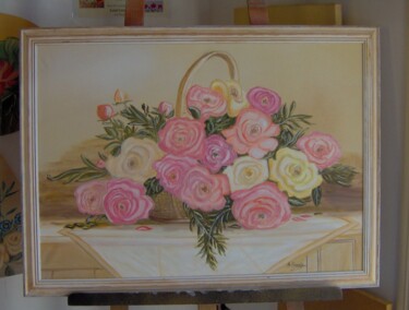 Peinture intitulée "PANIER DE ROSES" par Annick Krneta, Œuvre d'art originale, Huile